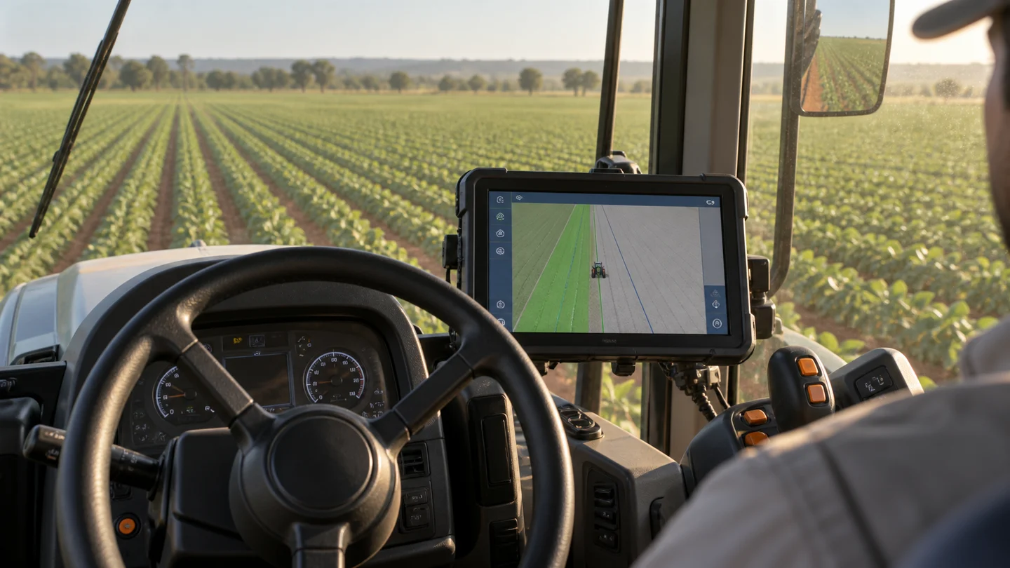 Ilustración de un monitor de guiado satelital junto al volante de un tractor, con las líneas del cultivo visibles desde la cabina
