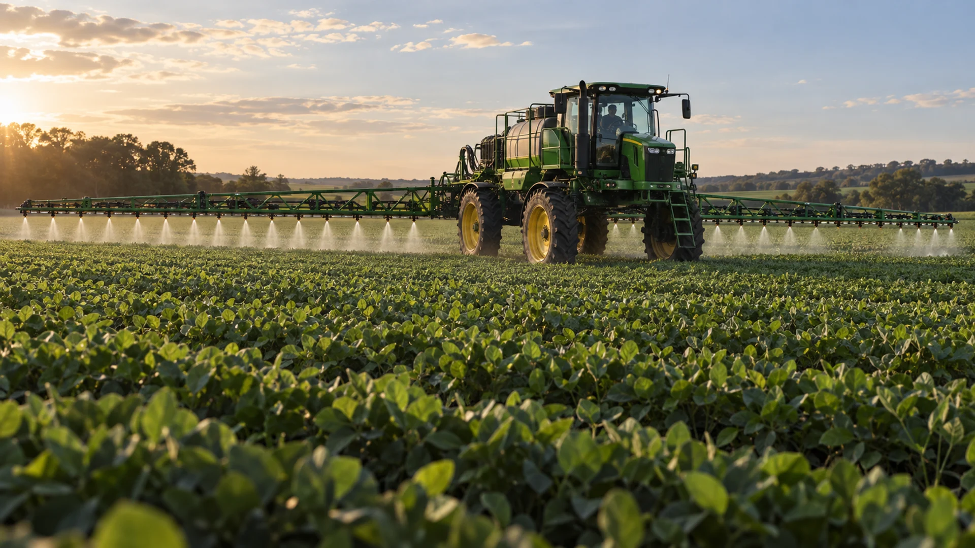 Ilustración de una pulverizadora equipada con control individual de boquillas trabajando en el cultivo