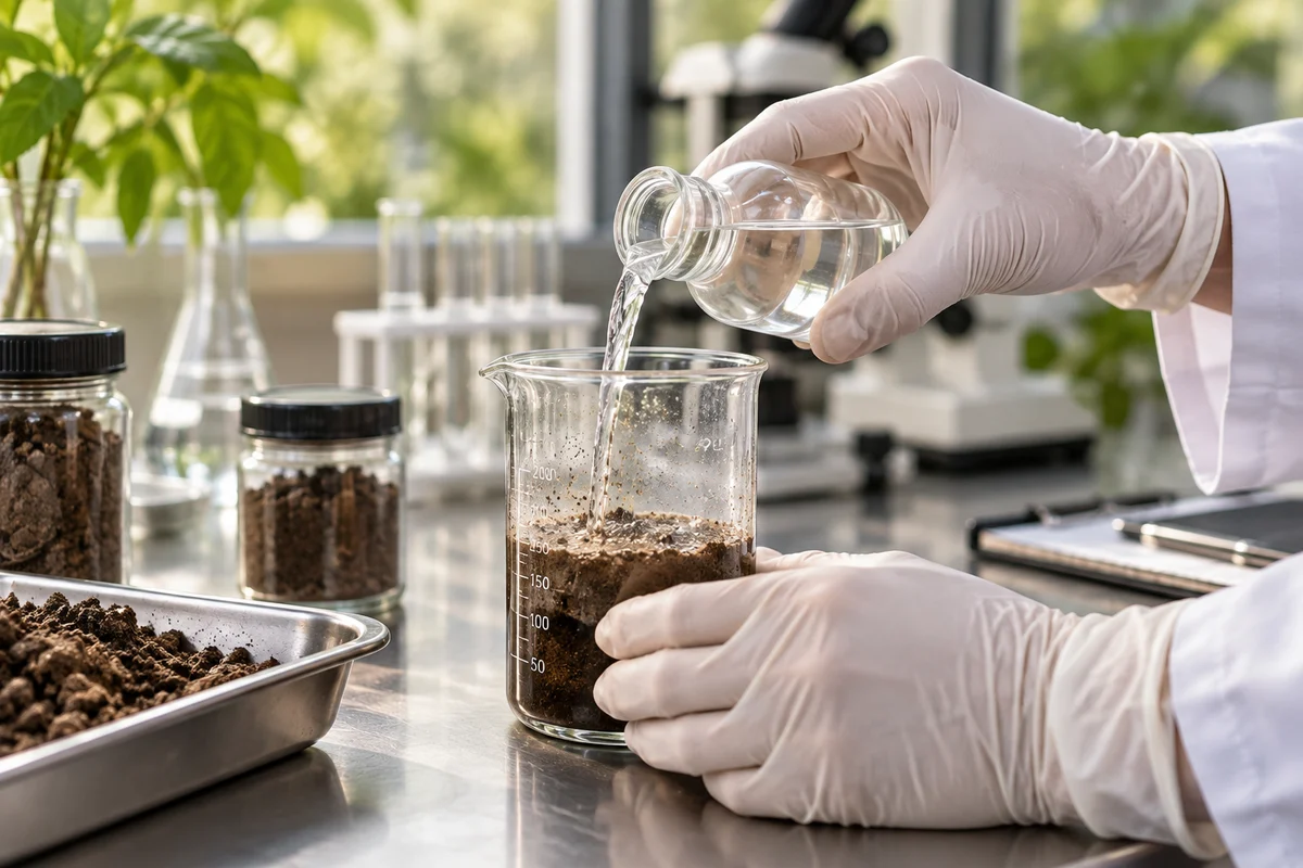 Ilustración de manos con guantes preparando una muestra de suelo en el laboratorio.